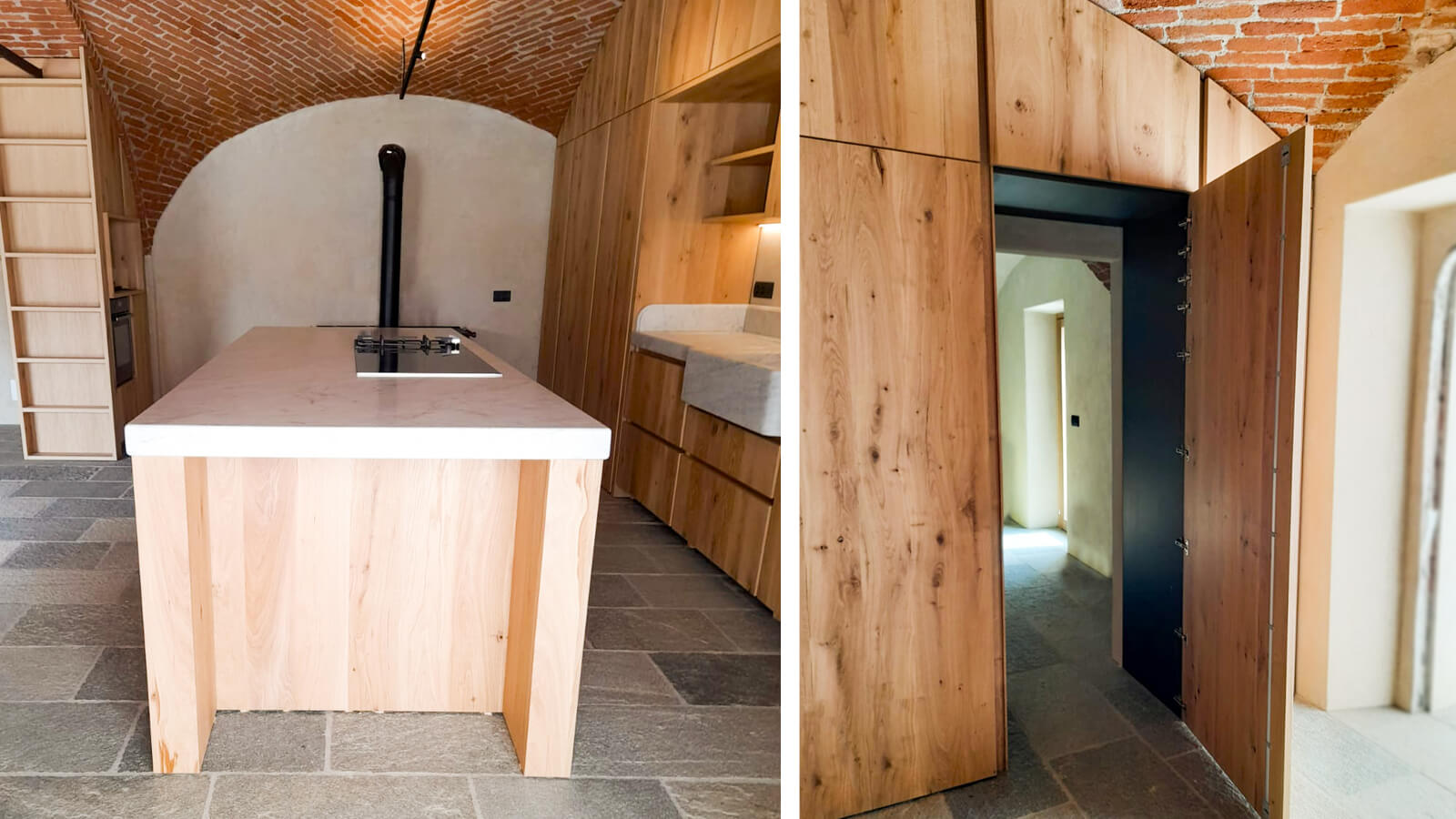 cucina con boiserie con porta passante