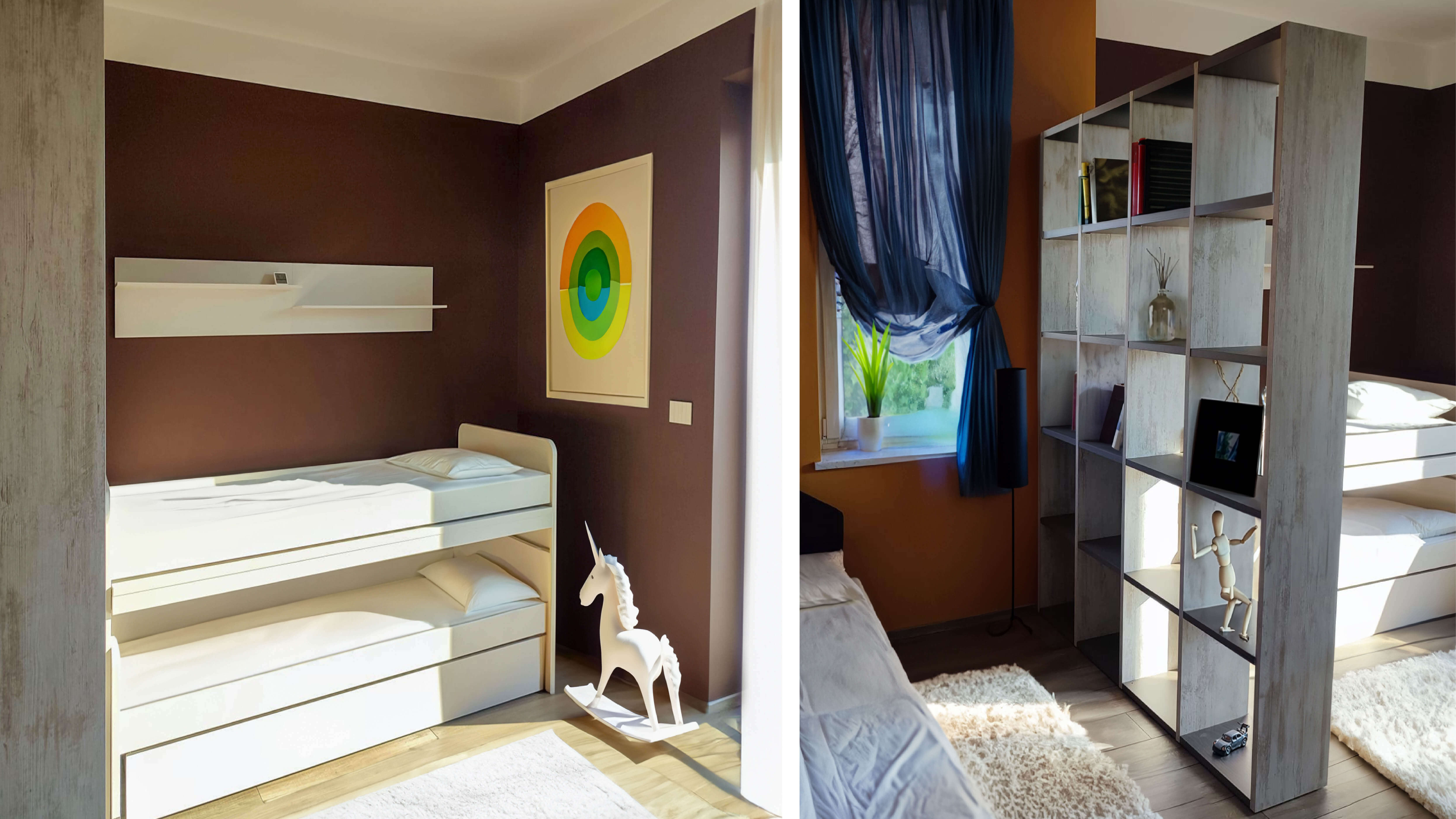 camera bambini con letto a castello e libreria divisoria